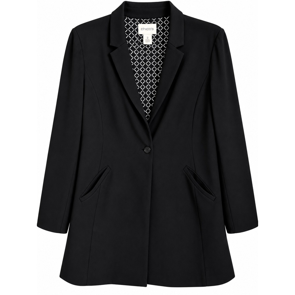 Chico's Stretch Longline Black Blazer Size 14 One Button Career Work Jacket